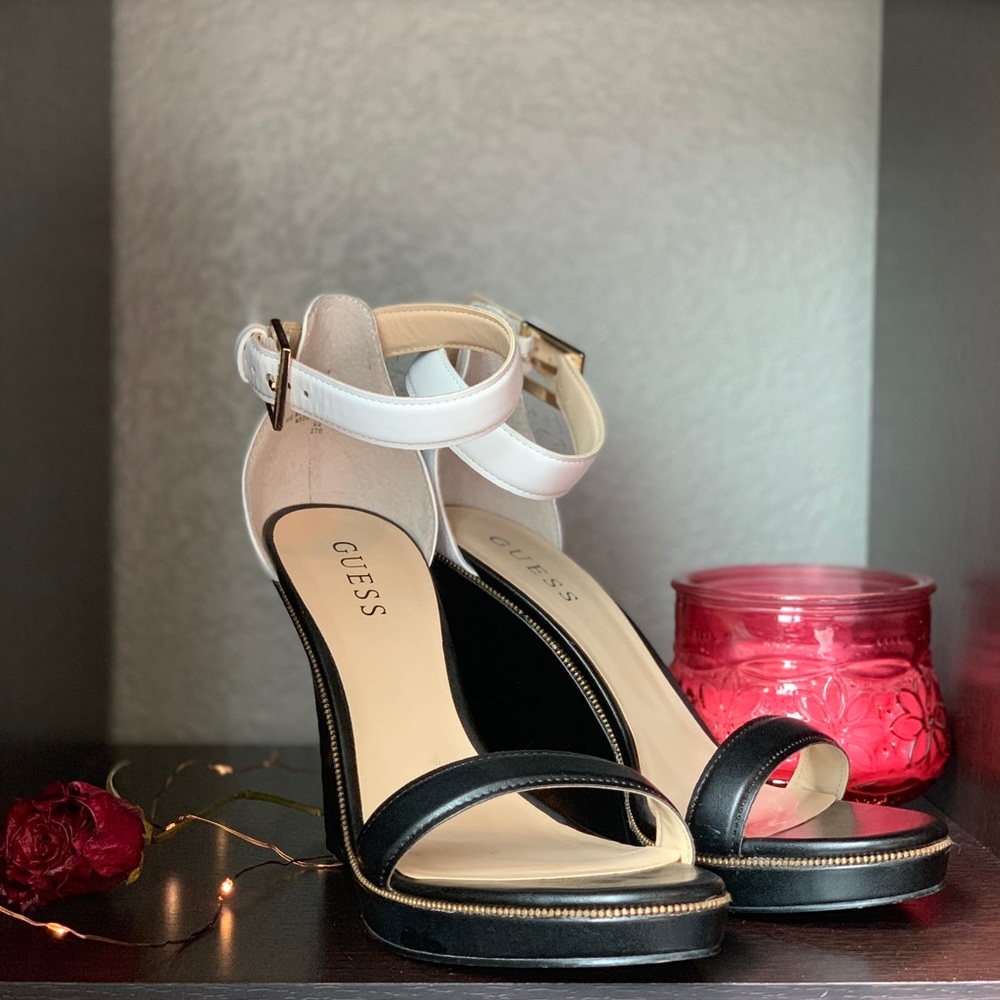 Guess Wedge Open Toe Black & White Heels
